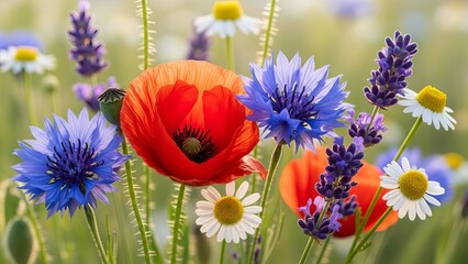 Vibrant wildflowers meadow with red poppy blue cornflowers and white daisies sun