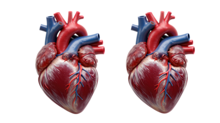 Two detailed 3D human hearts with arteries and veins.