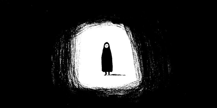 Mysterious hooded figure in black and white tunnel artwork - Powered by Adobe