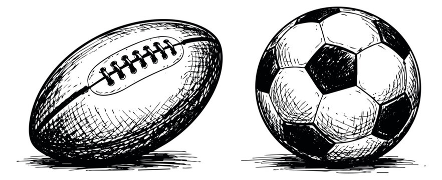 Hand drawn line art sports balls set featuring an american football and a soccer ball for competition