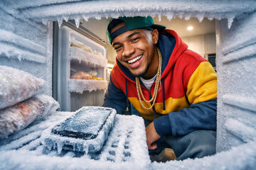 Smiling Young Rapper Finding a Frozen Smartphone Inside a Freezer
