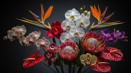 Exotic tropical flower arrangement featuring orchids protea anthurium birds paradise