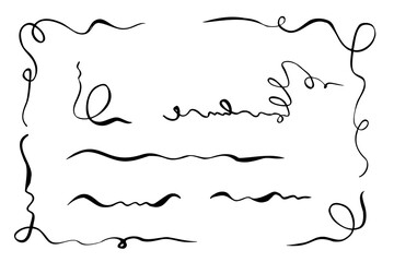 Calligraphy wavy swirling lines in black and white vector illustration. Curls abstract scribble painted by black inks. Hand drawn graphic decorative elements for template corner border. Ornament set