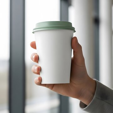 A hand holding a white disposable coffee cup with a green lid near a window