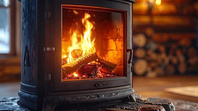 Cozy wood burning stove with flickering flames, creating a warm and inviting atmosphere.