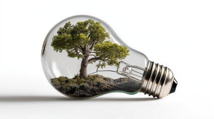 A miniature tree growing inside a clear light bulb, symbolizing green energy, sustainability, environmental protection, and eco-friendly innovation. Clean composition on white background