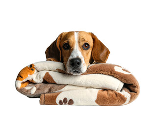 Adorable beagle peeking over cozy blanket