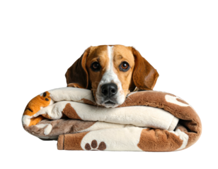 Adorable beagle peeking over cozy blanket