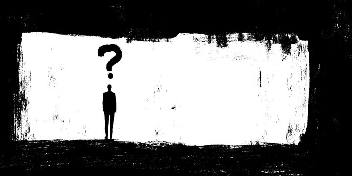 Silhouette of person with question mark in abstract black and white art