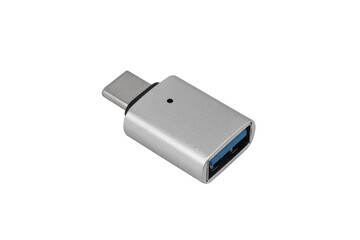 Silver USB type C to USB adapter isolated on white background.