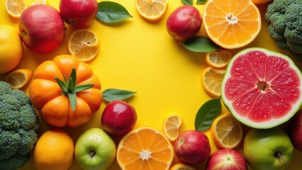 fresh assorted fruits arranged on colorful background vibrant mix of ripe produce showing natural vitamins and healthy nutrition concept of wellness food industry grocery organic market