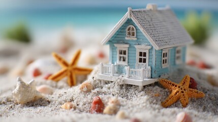 Tiny beach house model surrounded by seashells and starfish on sandy shore with turquoise ocean in background