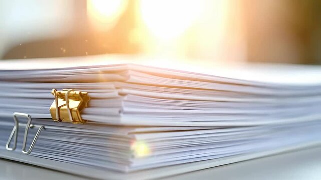 Close-up of stacked white paper sheets secured with golden binder clips, symbolizing office work.