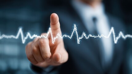 Businessman Interacting with Digital Heartbeat Waveform on Screen.