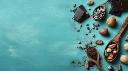 Chocolate Themed Flatlay with Cocoa Products and Nuts on Vibrant Turquoise Background