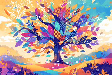 fantasy tree in colorful landscape