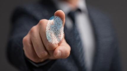 Businessman pointing with finger showing digital fingerprint for security access.