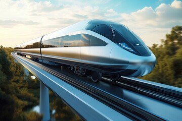 Obraz premium Sleek high-speed train gliding along elevated tracks in a lush landscape during golden hour