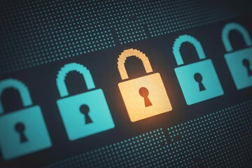 Securing Data: A row of padlocks, with one illuminated, symbolizing security
