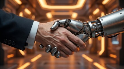 Professional handshake between human and robot in futuristic office. Modern technology symbolizes collaboration and innovation. This photo enhances business themes and futuristic concepts.