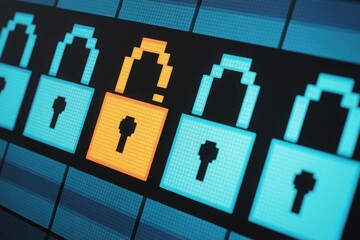 Cybersecurity and digital protection concept shown through a row of pixelated padlock icons. One lock stands out in the color
