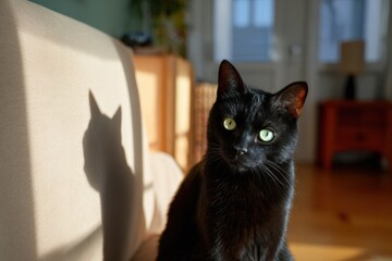 Black cat with shadow in sunlit room