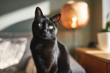 Black cat in cozy sunlit room with wicker lamp and comfortable decor