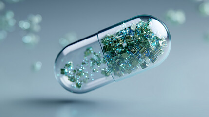 futuristic medical capsule with glowing microchips, digital biotech health concept, transparent pill with electronic components and neon lights