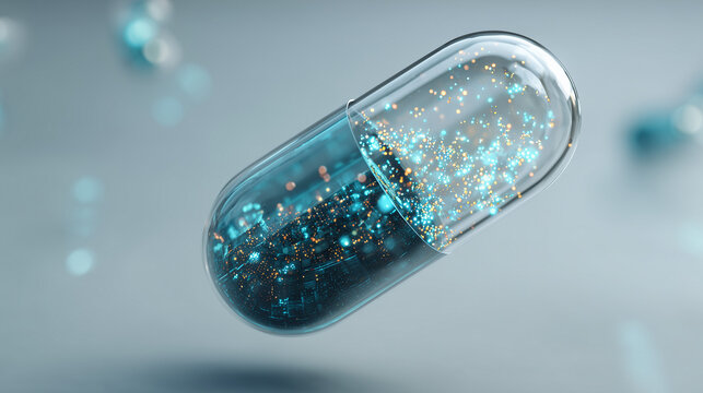 futuristic medical capsule with glowing microchips, digital biotech health concept, transparent pill with electronic components and neon lights