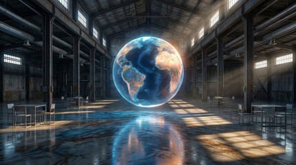 Stunning digital globe in modern industrial space. Bright light highlights global connectivity. Unique atmosphere inspires innovation and creativity. Perfect for corporate presentations.