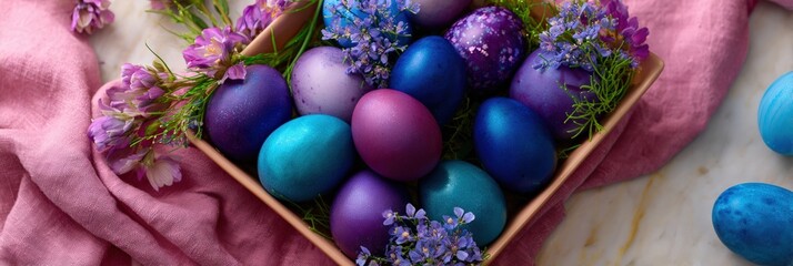 Colorful easter eggs with flowers on pink fabric
