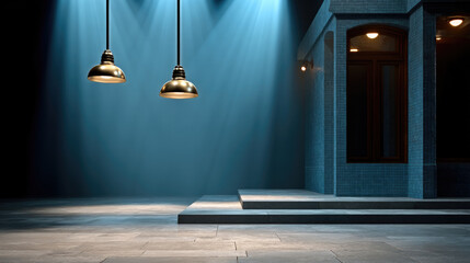 Empty theater stage spotlight, industrial pendant lamp, blue lighting, dramatic shadow, modern architecture, moody atmosphere