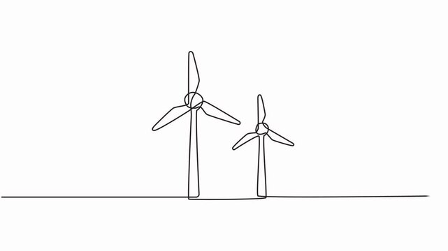Animated self drawing of Continuous one line drawing of wind turbines eco energy. simple wind turbines outline vector illustration, Wind alternative energy. Hilly terrain with generating.