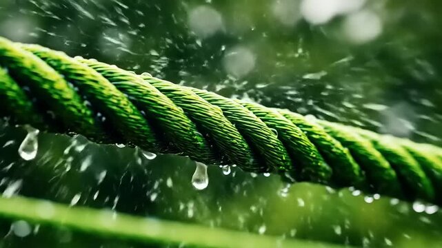 Close-up view of a green rope glistening with raindrops against a blurred green backdrop