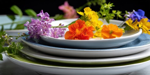 Colorful edible flowers arranged on stacked plates