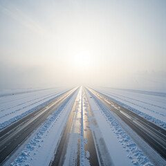 Obraz premium Snowy road disappearing into fog at sunrise during winter journey 