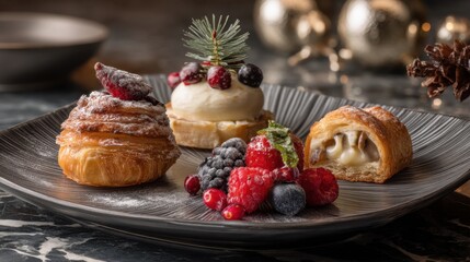 Delicious Pastries with Fresh Berries on Dark Marble Plate for Dessert Presentation and Culinary Delight