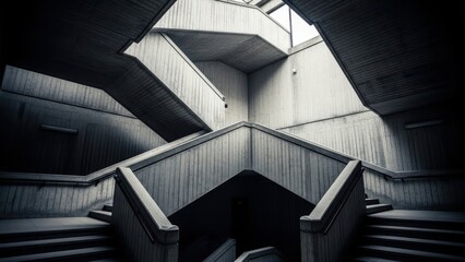 Abstract concrete staircase with geometric shapes and strong shadows.