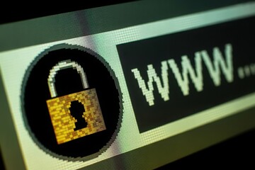 Image representing internet security, with a lock symbol displayed alongside WWW. on a screen.