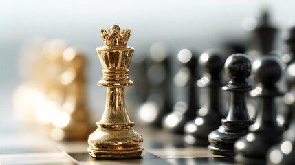 A close-up view of a golden chess king surrounded by black pieces, symbolizing strategy, competition, and intellect. Perfect for showcasing games, leisure, or strategic thinking.