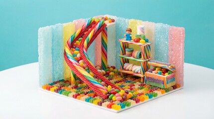 Candy room with colorful slide and shelves filled with sweets  