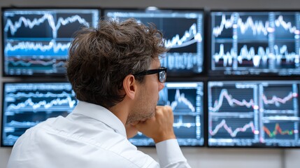 A focused businessman analyzes stock market trends on multiple screens, showcasing the modern approach to financial investment strategies and market research.