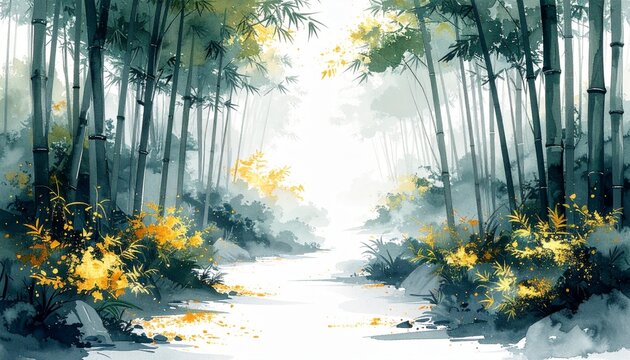 奥へ続く竹林小道の和墨絵婚礼背景