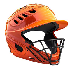 Fototapeta premium Baseball Catcher Helmet in Vibrant Orange with Black Face Mask in Studio Lighting on Isolated White Background for Sports Equipment isolated on transparent background