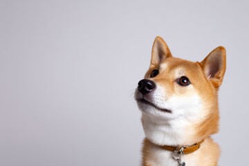 Shiba inu dog looks attentively upward against a light gray background in the studio