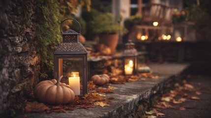 Obraz premium Cozy Autumn Evening Setup with Lanterns and Pumpkins on a Stone Pathway Surrounded by Colorful Leaves