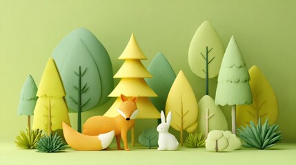 Charming Papercraft Forest Scene with Fox and Rabbit.