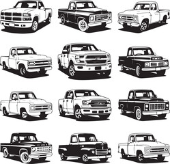Fototapeta premium black and white pickup truck illustrations in various styles and angles
