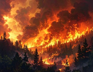 Fototapeta premium Intense forest fire engulfs trees, with flames and smoke filling the sky