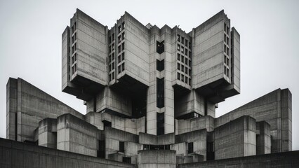 Brutalist Architecture - Concrete Building with Geometric Shapes and Symmetrical Design.